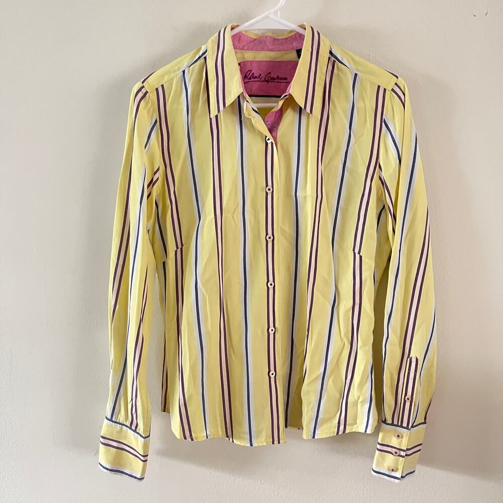 Robert Graham Womens 8 Yellow Striped Button Up Shirt Pink Paisley Flip Cuffs